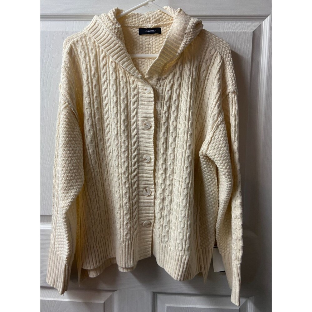 Dokotoo Hooded Cardigan Sweater Cream Womens Medium Cable Knit Acrylic